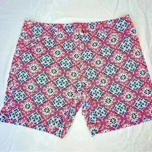 Lee micros shorts, size 10, orange, dk blue, blue, tan pattern. 5 pockets.